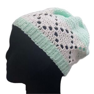 Mint Green and White Diamond Lace Crochet Knit Beanie Winter Hat